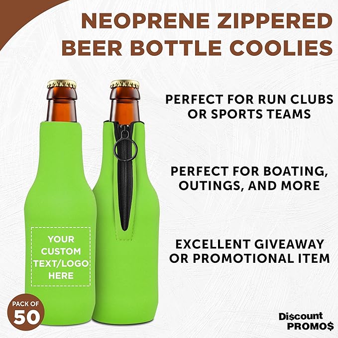 50 Neoprene Zippered Beer Bottle Coolies Pack - Customizable Text, Logo - Sharkskin Rubber Bottom - Lime Green