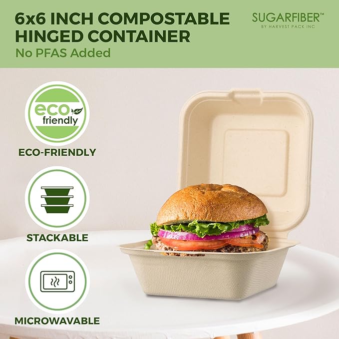 [50 COUNT]Harvest Pack PFAS FREE 6 X 6" Compostable Clamshell Take Out Food Containers, Single Compartment To go Container, Square Heavy-Duty Bagasse Bento Cake Box, from Eco-Friendly Sugarcane Fibers