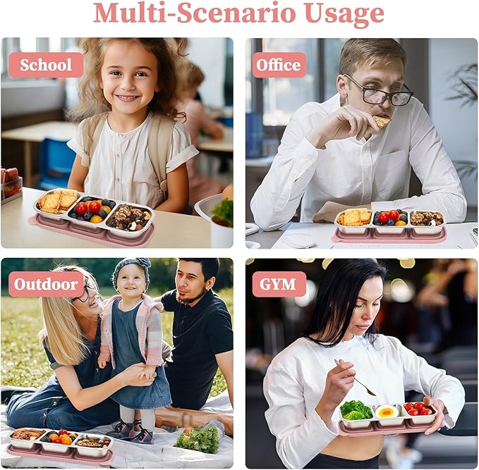 ﻿ 3 Compartment Stainless Steel Snack Containers with Silicone Lids, Reusable Food Storage Containers ，snackle box container for School ，Travel, Outdoor, Camping.