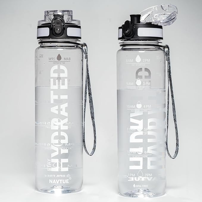 Water Bottle, 32 oz Sports Water Bottles with Time Marker Wide Mouth, Motivational and Leakproof Drink Bottle, BPA Free Tritan with Carry Strap for Gym Fitness Outdoor(Direct Drink 1 Bottle)