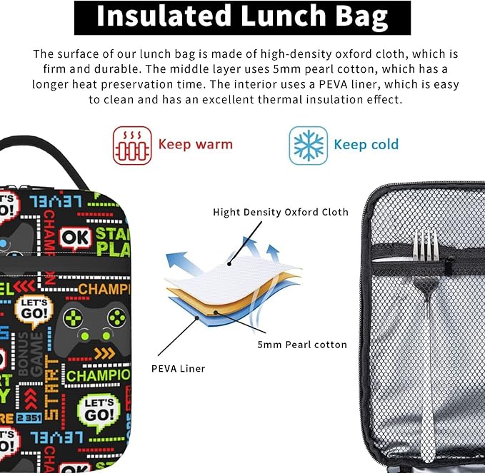Video Game Controller Insulated Lunch Box Portable Lunch Bag with Detachable Handle,Reusable Lunchbox for Boys Girls Adults (Mrlunchbag-2302)