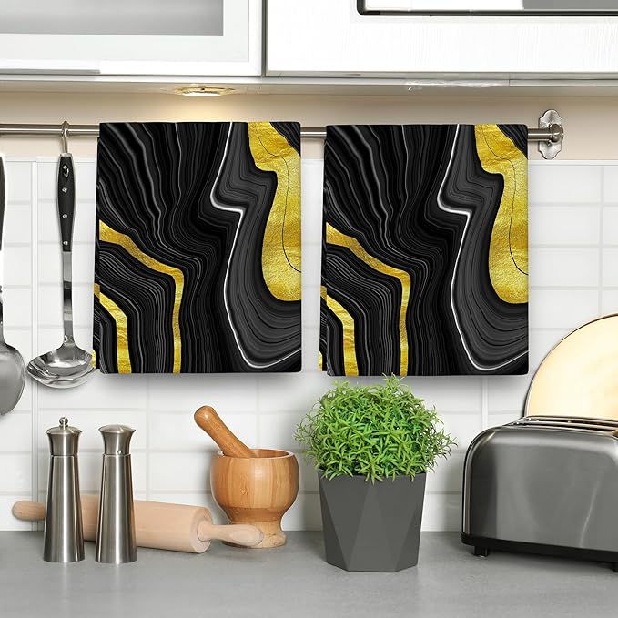 Black Gold Kitchen Towels Set of 2, Marble Texture Decorative Dish Hand Towels for Bathroom Bar Abstract Modern Absorbent Drying Cloth 16x24 Inch, Black Gold Kitchen Decor