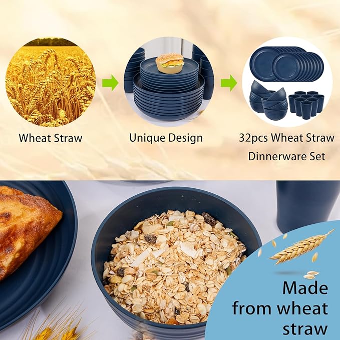 Supernal Wheat Straw Dinnerware Sets, Tableware Set for 8, Plates and Bowls Sets, Reusable Dinnerware Set, Microwave Dishwasher Safe, Blue Plastic Dinnerware Sets 16pcs Plates, 8pcs Bowls, 8pcs Cups