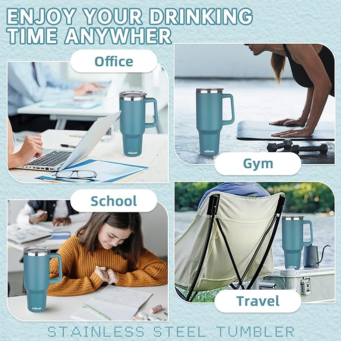 40 oz Insulated Coffee Mug with Ceramic Coating, Stainless Steel Travel Coffee Tumbler with Handle Lid and Straw, Double Wall Leak-Proof Coffee Travel Mug Keeps Drink Hot and Cold (Lake Green)