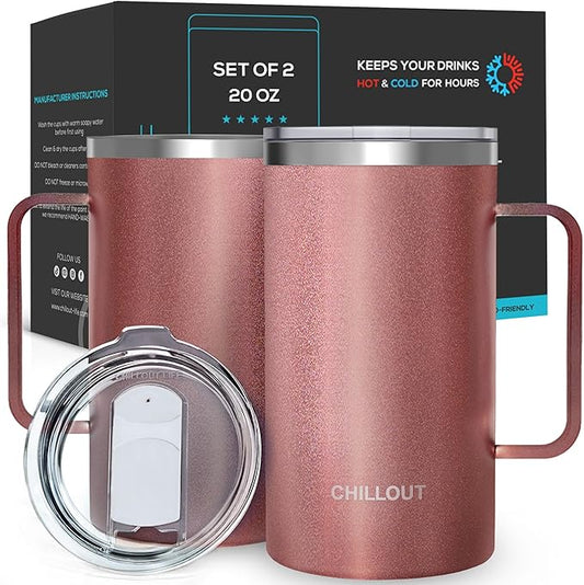 CHILLOUT LIFE Stainless Steel Vacuum Insulated Coffee Mug 16 oz (Set of 2) with Handle and Lid, Large Thermal Camping Coffee Mugs with Sliding Lid for Men & Women, Keeps Your Beverages Hot & Cold