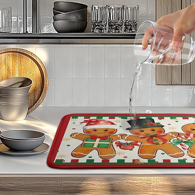 Christmas Gingerbread Man Dish Drying Mat Winter Large Kitchen Mats Dish Drying Pad Xmas Candy Absorbent Dish Dryer Mat for Kitchen Countertops Microfiber Drainer Pad Dish Drying Mats (18x24 in)