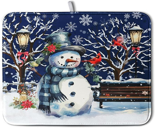 Winter Snowman Dish Drying Mat for Kitchen Counter 18x24, Xmas Snowflakes Dish Drainer Mat Snowy Night Drying Kitchen Mats Cardinal Birld Dish Pad Absorbent Reversible Coffee Mats for Dishes