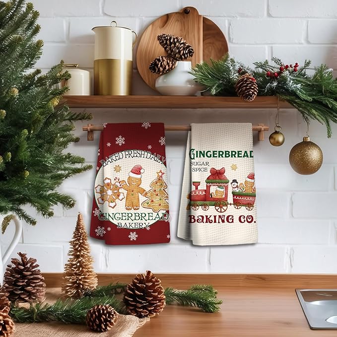 Christmas Gingerbread Kitchen Towels Set of 2,Gingerbread Christmas Decors,Christmas Dish Towels for Kitchen,Christmas Hand Towels for Bathroom,Gifts for Women,Housewarming Gifts 16×24 Inches