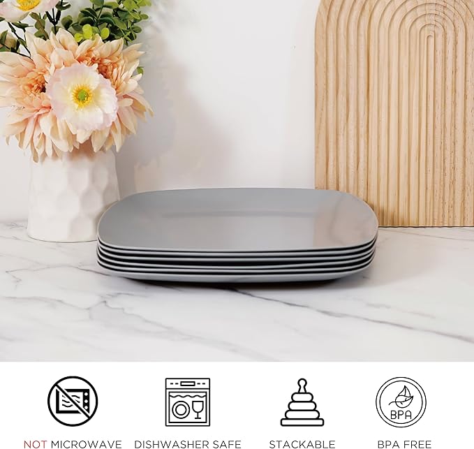 TP 10.5" Melamine Square Dinner Plates, 6-piece Plate Set Unbreakable Serving Dishes for Indoors and Outdoors, Unbreakable Dinner Service for 6, Gray