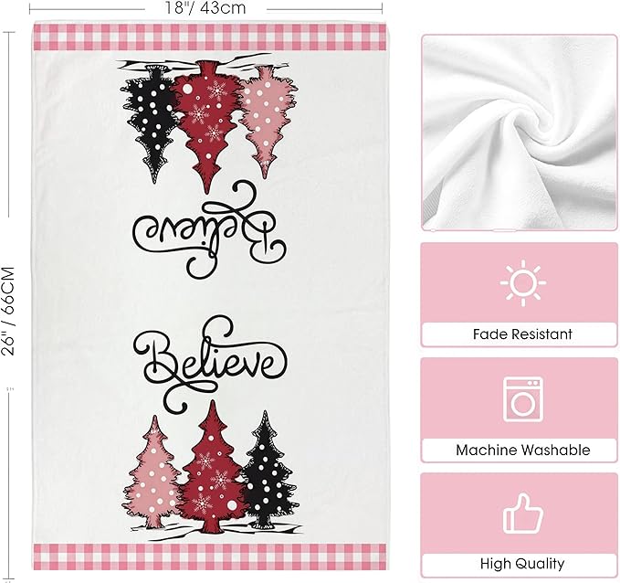 Pink Buffalo Plaid Christmas Kitchen Towels Set of 2 | 18x26 Inch Dish Towels with Snowman & Tree Holiday Decor for Winter Home & Bath