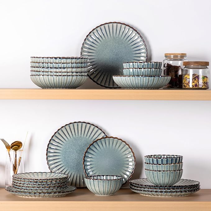 GBHOME Stoneware Dinnerware Sets for 4,Handcrafted Embossed Design Reactive Glaze Ceramic Plates and Bowls, Dishwasher and Microwave Safe, Service for 4(12pcs) (Space Blue, Service for 4)