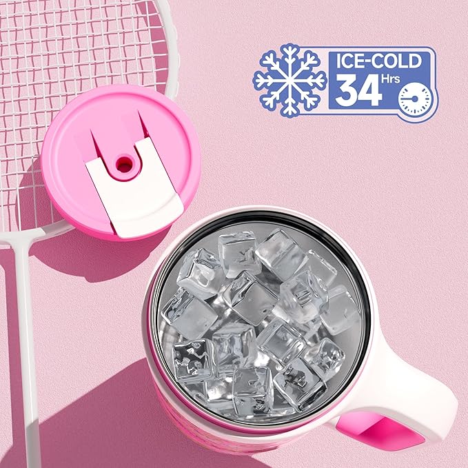 40 oz Tumbler with Handle, 2-in-1 Straw and Sip Lid, Leakproof, Dishwasher Safe, Insulated Stainless Steel Travel Coffee Mug, Keeps Cold for 34 Hours, Fits in Car Cup Holder (Pink Ladies)