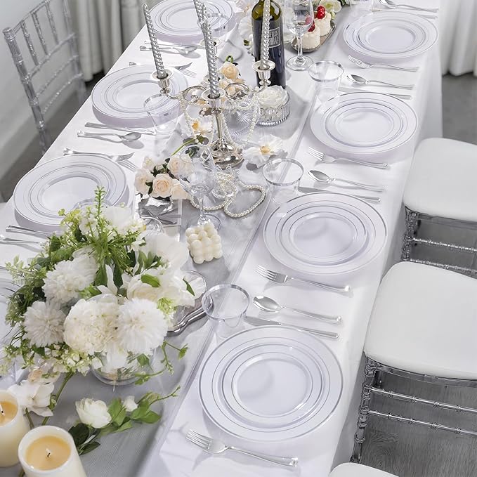 WELLIFE 600 PCS Silver Disposable Dinnerware Set for 100 Guests, Wedding Plates Silver Plastic Plates for Party, 100 Each-Dinner & Salad Plates, Cups, Forks Knives Spoons for Wedding and Anniversary