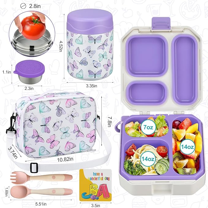Bento Lunch Box for Kids with 12oz Soup Thermo Leak-Proof Lunch Food Container with 5 Compartment Thermo Hot Food Jar and Insulated Lunch Bag for Kid Toddler Girls Boys to School
