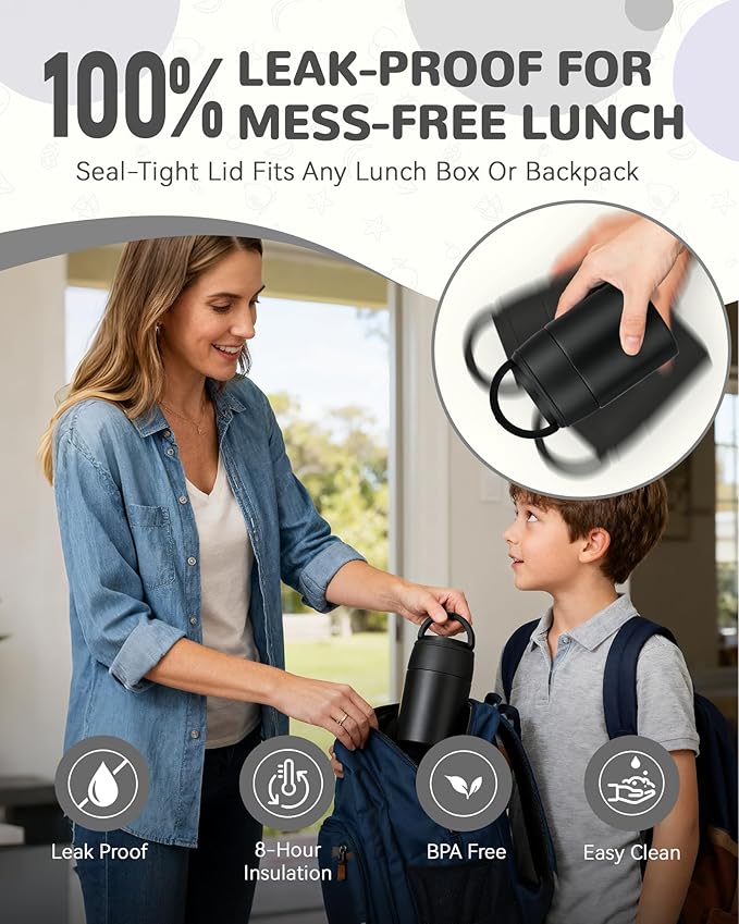 10oz Soup Thermo for Hot Food Kids Insulated Food Jar with Spoon Wide Mouth Stainless Steel Lunch Container Leak Proof Vacuum Food Box for School Travel Picnic Black