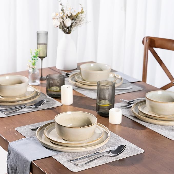 GBHOME 24 Pieces Double Bowls Ceramic Dinnerware Sets for 6, Stoneware Plates and Bowls Set with Reactive Glaze, Scratch Resistant Stoneware Dishes Set, Dishwasher & Microwave Safe