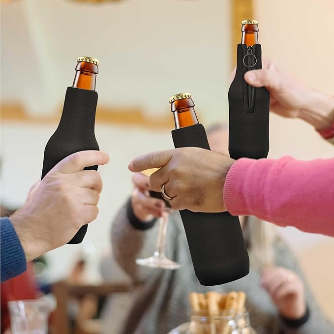 10 Neoprene Zippered Beer Bottle Coolies Pack - Sharkskin Rubber Bottom - Black