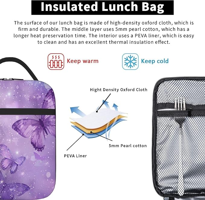 SUPLUCHOM Lunch Bag Butterfly Purple Pastel Insulated Box Reusable with Side Pocket for Girl Boy Women Men Work School Picnic Hiking Daytrip Over 3 Years Old