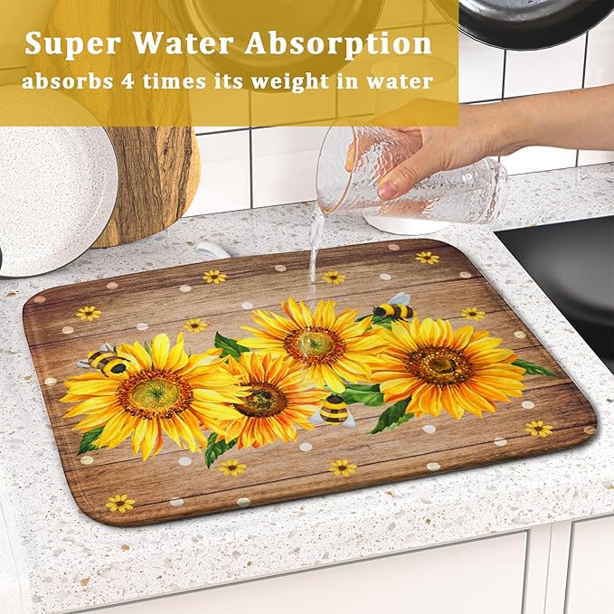 Sunflower Bee Dish Drying Mat for Kitchen Counter Home 16x18 Inch Wood Barn Microfiber Drainer Rack Mats Washable Absorbent Dish Dry Pad
