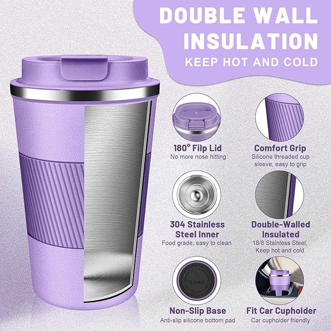 Insulated Coffee Tumblers with Flip Lid 12oz / 17oz, Stainless Steel Travel Coffee Mug Leak Proof, Vacuum Insulated Coffee Mug Reusable Cup, Keeps Cold and Hot for Coffee Tea