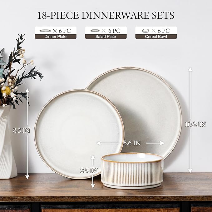 E-far Stoneware Dinnerware Sets, 18-Pieces Modern Plates and Bowls Sets, Kitchen Dinning Porcelain Dishes Set for 6, Chip & Scratch Resistant, Dishwasher & Microwave Safe, Creamy Beige