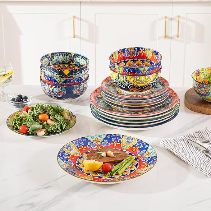 Sweejar Ceramic Dinnerware Sets for 8,24 Pieces Boho Plates and Bowls for Kitchen,Housewaring Gift,Bohemian Style Dish Set,Dishwasher and Microwave Safe(Colorful)