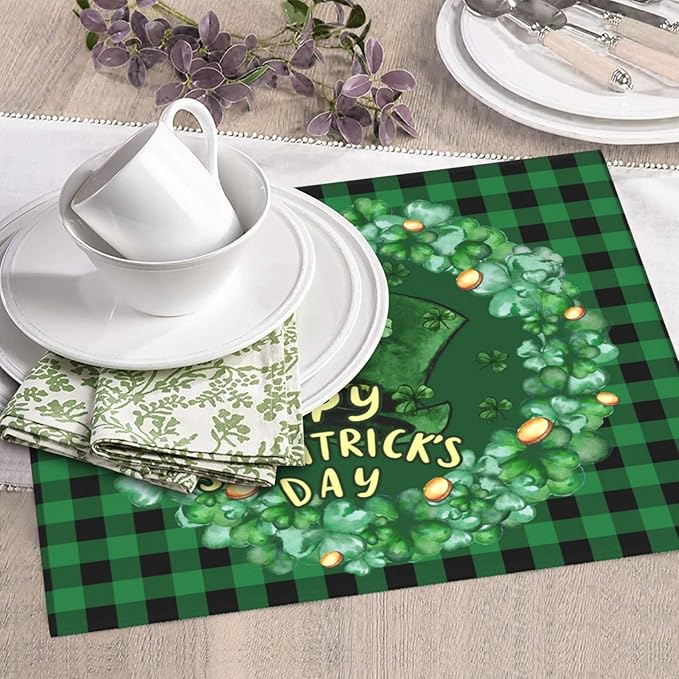 St Patricks Day Hat Lucky Shamrock 17 March Green Buffalo Plaid Irish Drying Mat 16x18 Inch For Kitchen Counter Drying Mats Dish For Kitchen Counter Easy Clean Kitchen