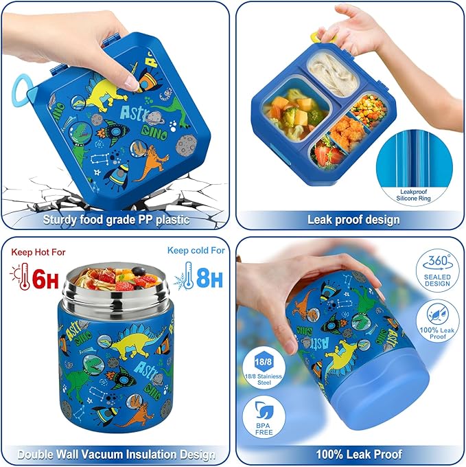 Bento Lunch Box for Kids with 12oz Soup Thermo Leak-Proof Lunch Food Container with 5 Compartment Thermo Hot Food Jar and Insulated Lunch Bag for Kid Toddler Girls Boys to School