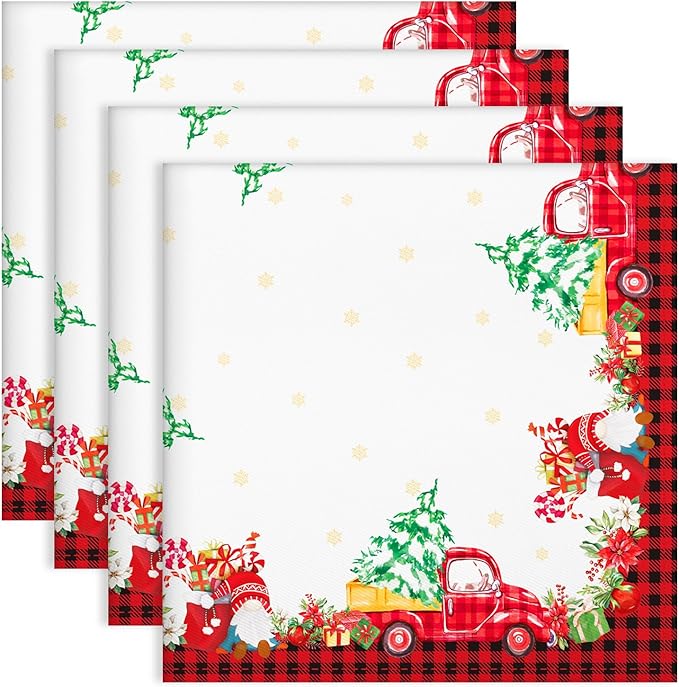 Christmas Gnomes Napkins, 18×18 Inch Christmas Tree Dinner Cloth Napkins Set of 4, Washable Cotton Soft Absorbent Square Napkins for Dining Kitchen Party Wedding Decoration