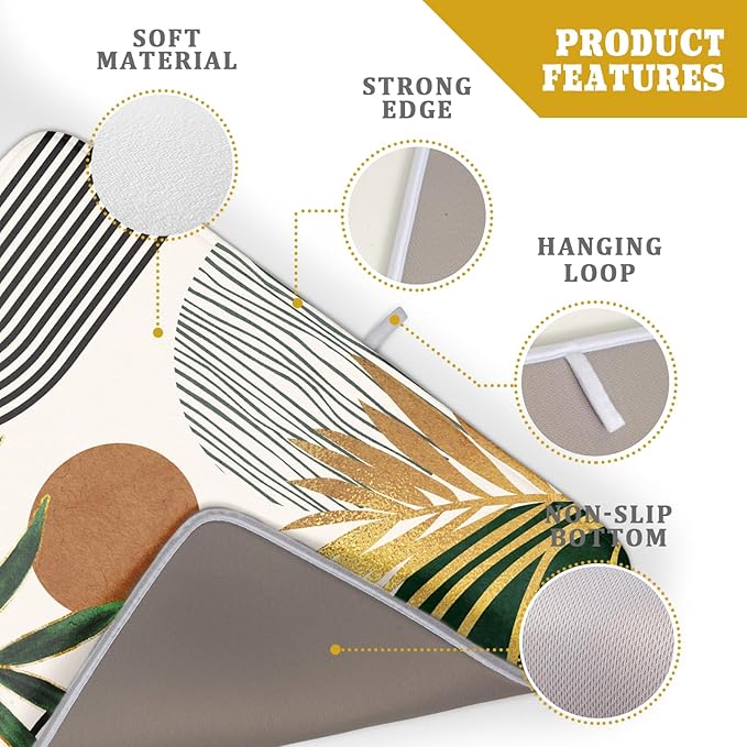 Boho Leaves Dish Drying Mat 18x24 inch Mid Century Absorbent Drainer Rack Mats Fast Dry Bottles Dish Dry Pad Protector Kitchen Accessories