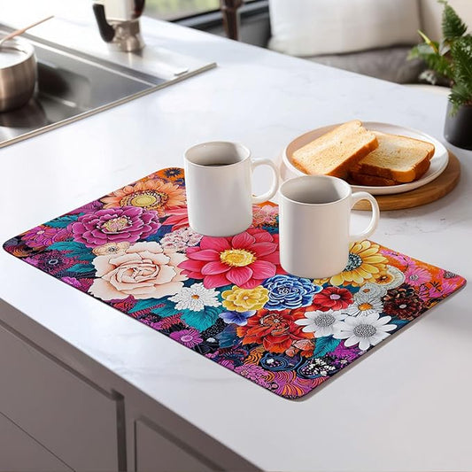 Boho Floral Dish Drying Mat For Kitchen Counter Microfiber Super Absorbent Non-Slip Dish Drying Pad For Countertops Dishes Utensils Stylish Quick-Dry Machine Washable 18x24 Inch