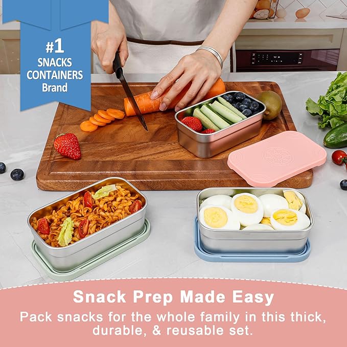 Caperci 3-Pack Large Stainless Steel Snack Containers with Silicone Lids - 15oz Reusable Small Food Storage Deli Containers for Snacks & Meal Prep, Leak-Proof, Easy Open & BPA-Free (440ML)