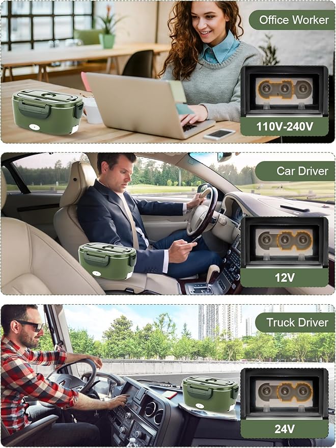 80W Electric Lunch Box for Adults, 1.5L Stainless Steel Food Warmer Lunchbox, 12V/24V/110V Portable Heated Lunch Box for Car/Truck/Office, Leak-Proof, Dishwasher-Safe with Insulated Bag(Green)