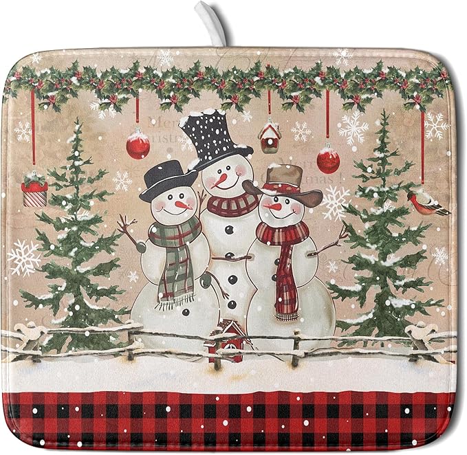 Winter Snowman Dish Drying Mat 16x18 Inch Red Buffalo Plaid Holiday Dish Drainer Mat Absorbent Dish Rack Pad for Kitchen Counter Sink Decor