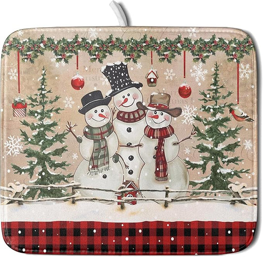 Winter Snowman Dish Drying Mat 16x18 Inch Red Buffalo Plaid Holiday Dish Drainer Mat Absorbent Dish Rack Pad for Kitchen Counter Sink Decor