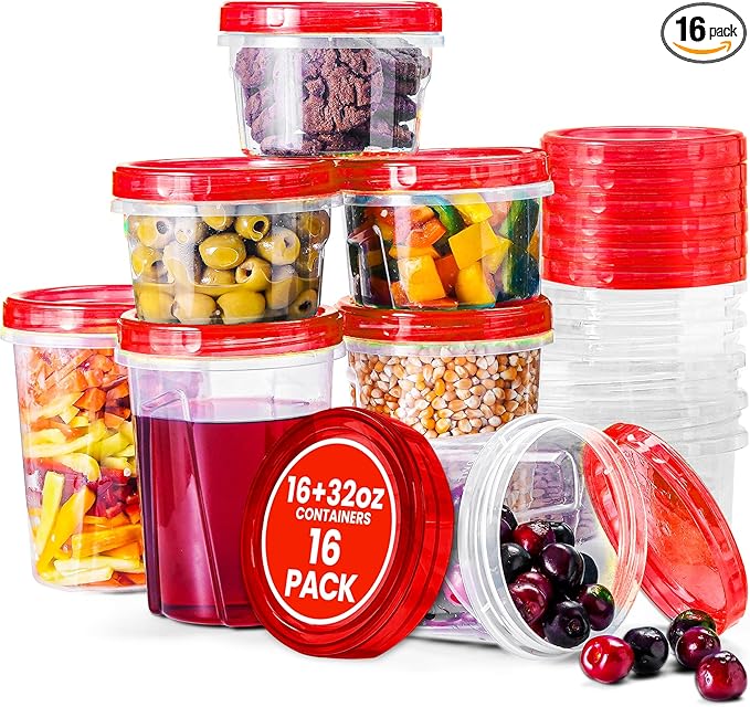 RFAQK 16 PCS Freezer Storage Containers-[16 * 32 & 16 oz] Plastic Food Storage Containers with Twist Top Lids-Leakproof Jars-Deli Container Stackable Meal Prep Reusable Box for Lunch,Soup,Oats,Gym