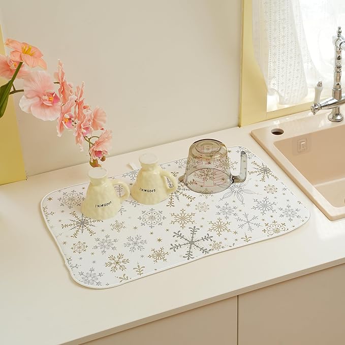 Christmas Drying Mat 18x24 Inches For Kitchen Counter Winter Gold Gray Snowflake Home Decoration Drying Mat Decorative Pad for Kitchen Dining Room Christmas Decoration,Office Decor