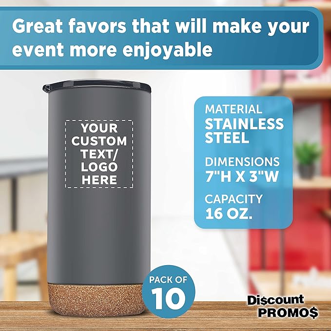 Custom Travel Tumblers with Cork Bottom 16 oz. Set of 10, Personalized Bulk Pack - Double Wall Insulated, Matte Finish, Perfect for Iced Coffee, Soda, Other Beverages - Grey