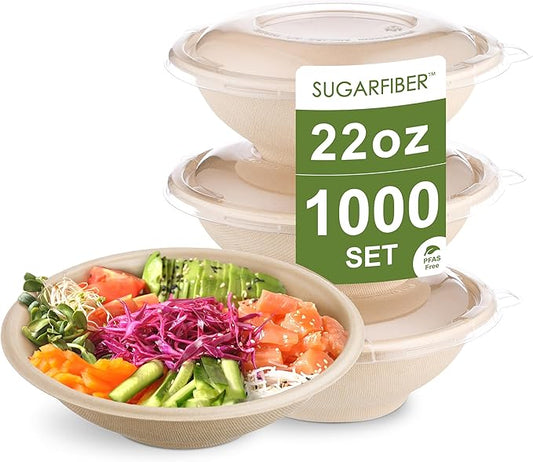 [1000 Count]Harvest Pack 22oz Round Bowls PFAS Free with PLA coating with PET Lid, Heavy-Duty Eco-Friendly Disposable Bagasse Sugarcane Bowl for Meal Prep