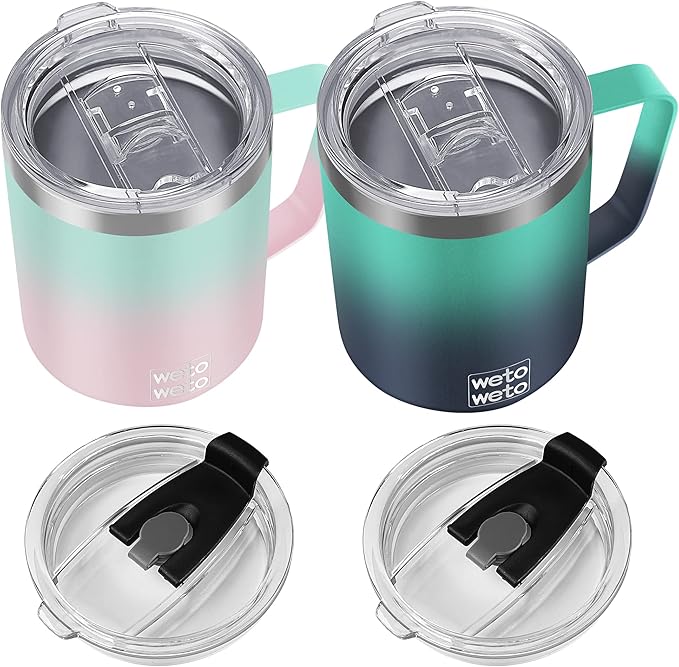 WETOWETO 14 oz Coffee Mug, Vacuum Insulated Camping Mug with Lid, Double Wall Stainless Steel Travel Tumbler Cup, Coffee Mugs Outdoor, Secret Ocean & Sweet Taffy 2 Packs