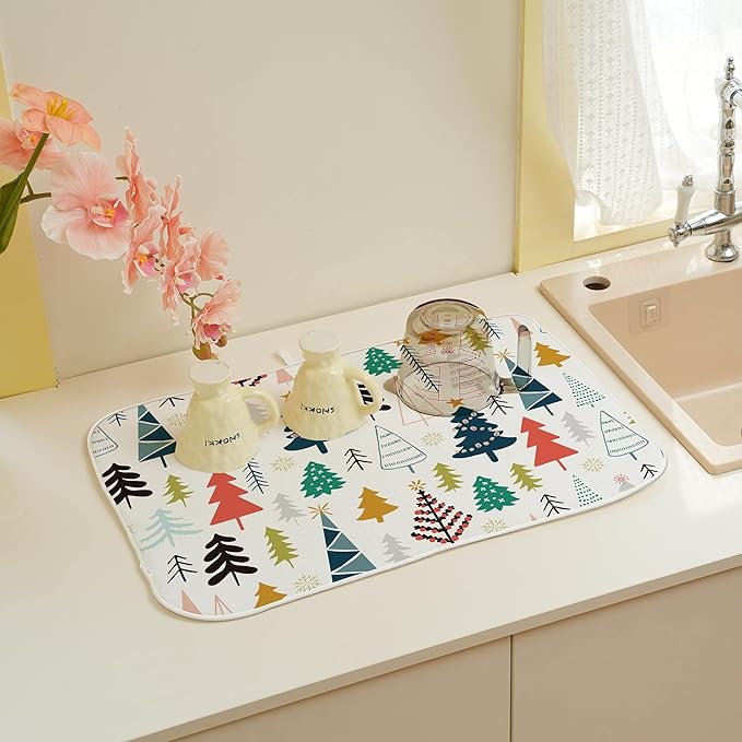 Christmas Dish Drying Mats 18x24 Inch Colorful Geometric Christmas Tree Drying Mats Xmas Winter Holiday Kitchen Decor Absorbent Drying Pad Rack Drainer Mats for Kitchen Dining Room Counter