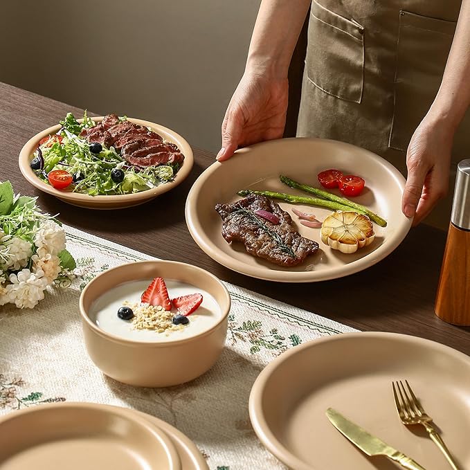 GZG Vintage Series - Ceramic Dinnerware Set for 2, 6 Pieces Stoneware Plates and Bowls Set, Lead-Free, Handcrafted Dishes Set, Microwave & Dishwasher Safe - Warm Apricot