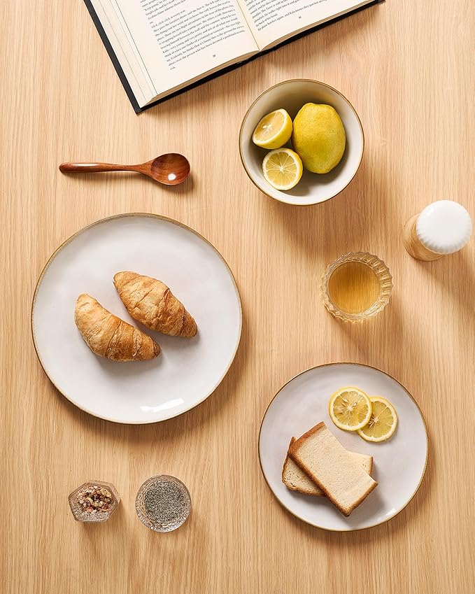 Famiware Ocean Round Plates and Bowls Set, 18 Pieces Dinnerware Sets, Dishes Set for 6, Reactive Glaze, Microwave and Dishwasher Safe, Scratch Resistant, Cappuccino White