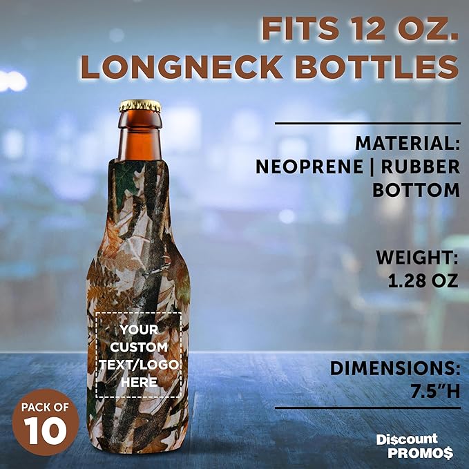 10 Neoprene Zippered Beer Bottle Coolies Pack - Customizable Text, Logo - Sharkskin Rubber Bottom - Camo3
