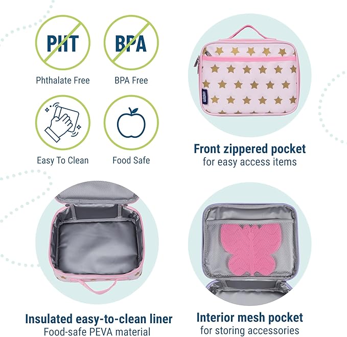 Wildkin Kids Insulated Lunch Box – Durable and Reusable for School & Travel - Pink and Gold Stars