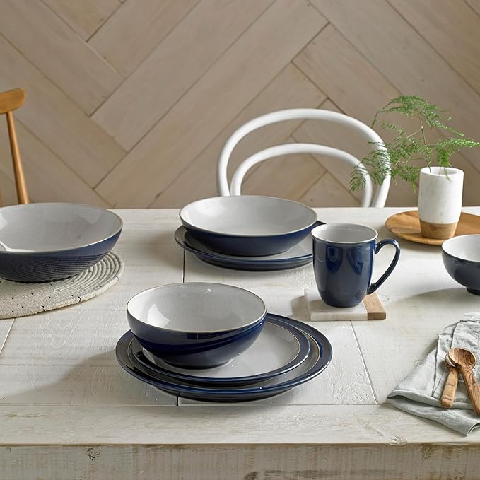 Denby - Elements Dark Blue 3 Piece Set For 1 - Contemporary One Person Ceramic Tableware - Dishwasher & Microwave Safe, Scratch Resistant Stoneware - Includes 1 x Large Plate, Side Plate & Cereal Bowl