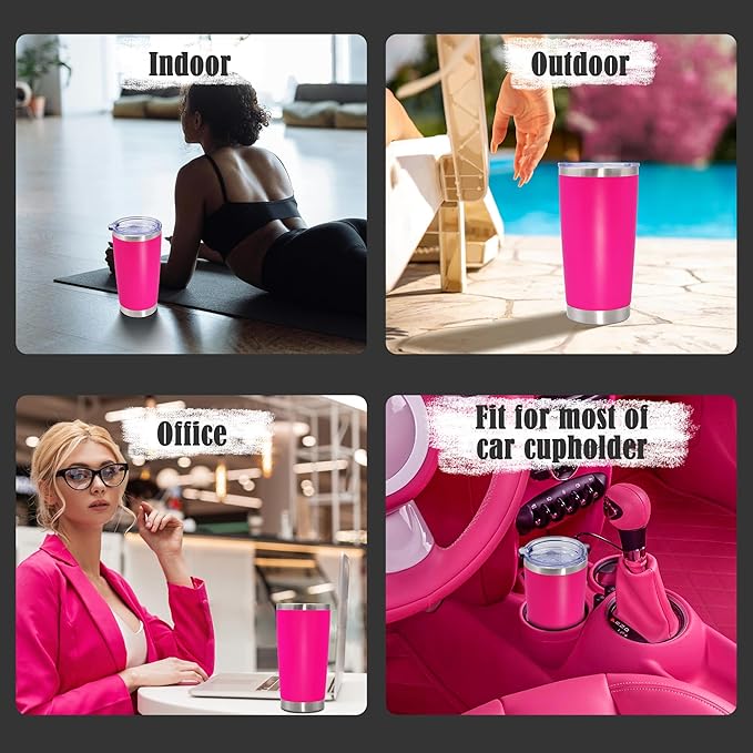 20 oz Tumbler Coffee Tavel Tumblers Bulk with Lid Stainless Steel Double Wall Vacuum Insulated Mug Powder Coated Cups fit Car Cupholder for Hot and Cold - Hot Pink, 8Pack