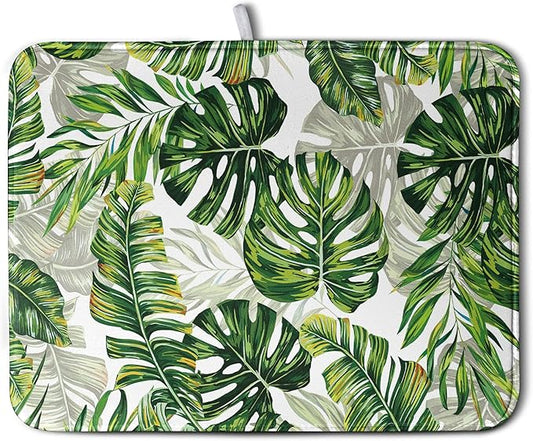 Tropical Palm Leaves Dish Drying Mat for Kitchen Counter 18x24 Inch, Green Monstera Kitchen Drying Mat,Watercolor Herbs Dishes Pad Dish Drainer Rack Mats Absorbent Fast Dry Kitchen Accessories