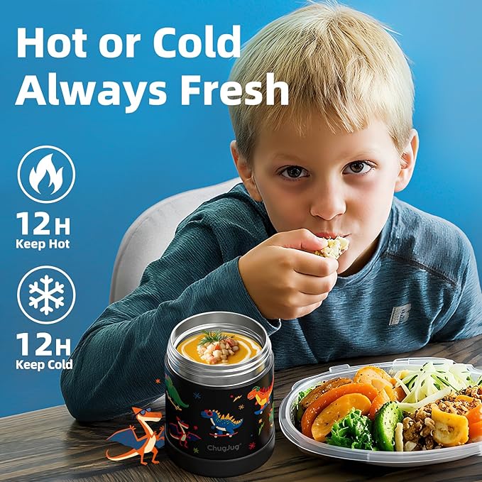10 oz Soup Thermo for Hot Food Kids Insulated Food Jar with Spoon, Lunch Thermo Container, Width Mouth Vacuum Stainless Steel Food Thermo for School Travel, Leakproof, Easy to Open(Black)