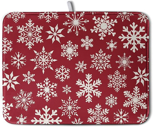 Christmas Snowflakes Dish Drying Mat for Kitchen Counter 18x24 Inch Red White Winter Xmas Pattern Dish Drying Pad for Dishes Microfiber Absorbent Dish Drainer Rack Mats for Countertop